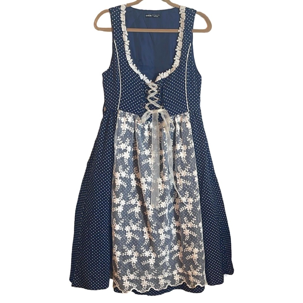 SHEIN Navy Blue Polka Dot Dirndl Style Dress with Cream Lace Apron